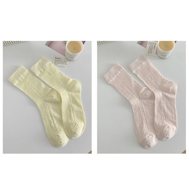 Plain Pointelle Knit Socks / Set - Set of 2 Pairs - Light