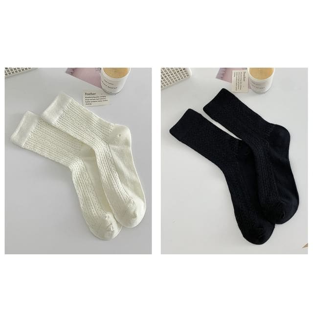 Plain Pointelle Knit Socks / Set - Set of 2 Pairs - White &