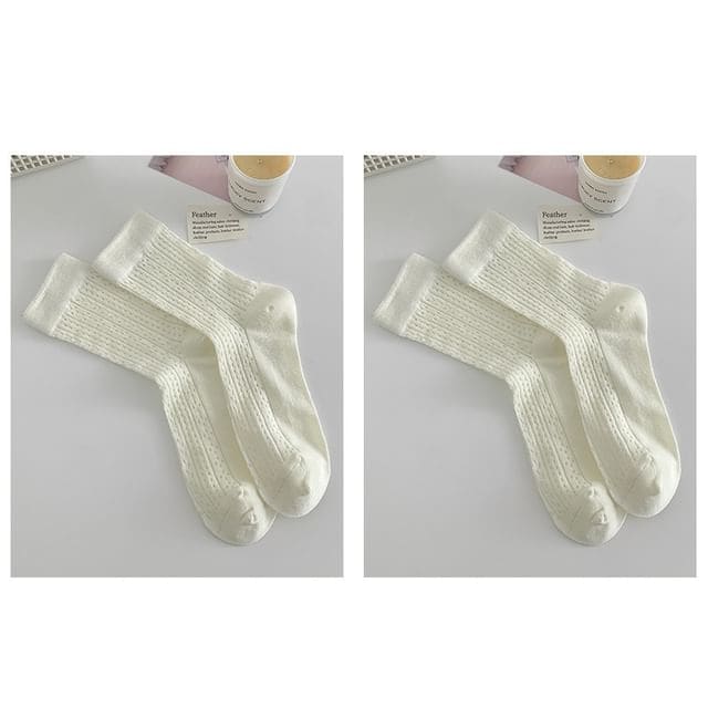 Plain Pointelle Knit Socks / Set - Set of 2 Pairs - White &