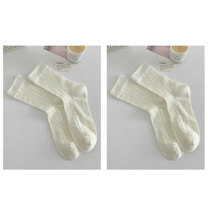 Plain Pointelle Knit Socks / Set - Set of 2 Pairs - White &