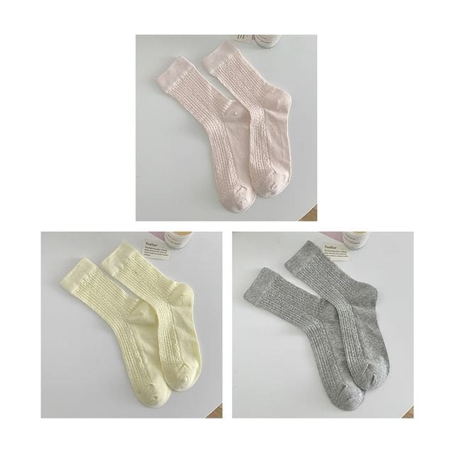 Plain Pointelle Knit Socks / Set - Set of 3 Pairs - Light