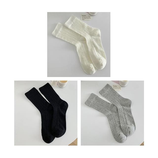 Plain Pointelle Knit Socks / Set - Set of 3 Pairs - White &