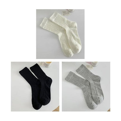 Plain Pointelle Knit Socks / Set - Set of 3 Pairs - White &