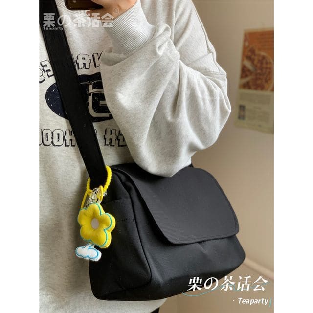 Plain Polyester Messenger Bag - With Yellow Flower Charm