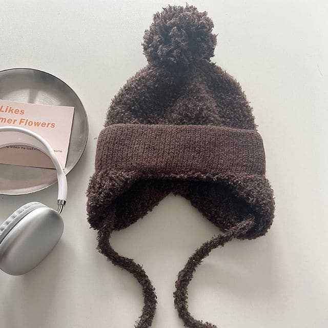 Plain Pom Pom Earflap Hat - Coffee / One Size