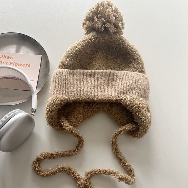 Plain Pom Pom Earflap Hat - Khaki / One Size