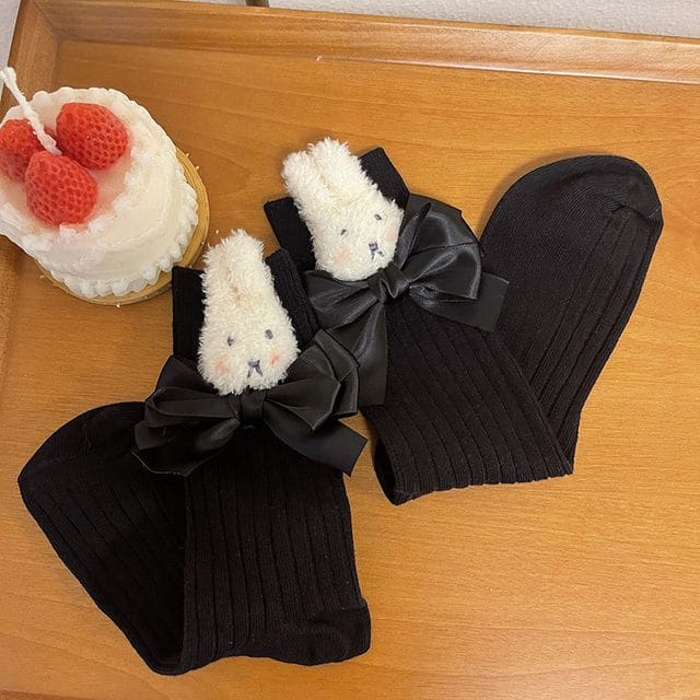 Plain Rabbit Bow Socks - Black / One Size