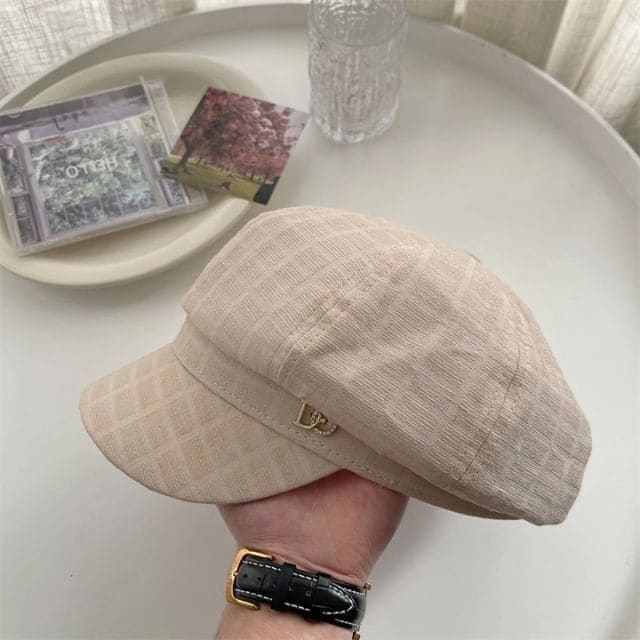 Plain Rhinestone Accent Newsboy Cap - Beige / M