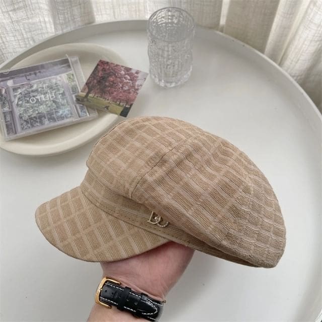 Plain Rhinestone Accent Newsboy Cap - Khaki / M