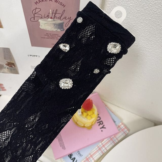 Plain Rhinestone Lace Short Socks - 1 Pair - Black