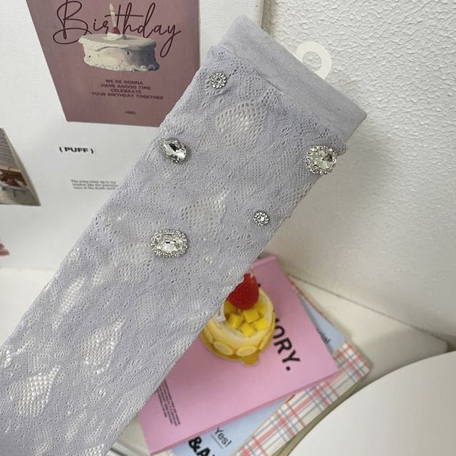 Plain Rhinestone Lace Short Socks - 1 Pair - Gray / One Size