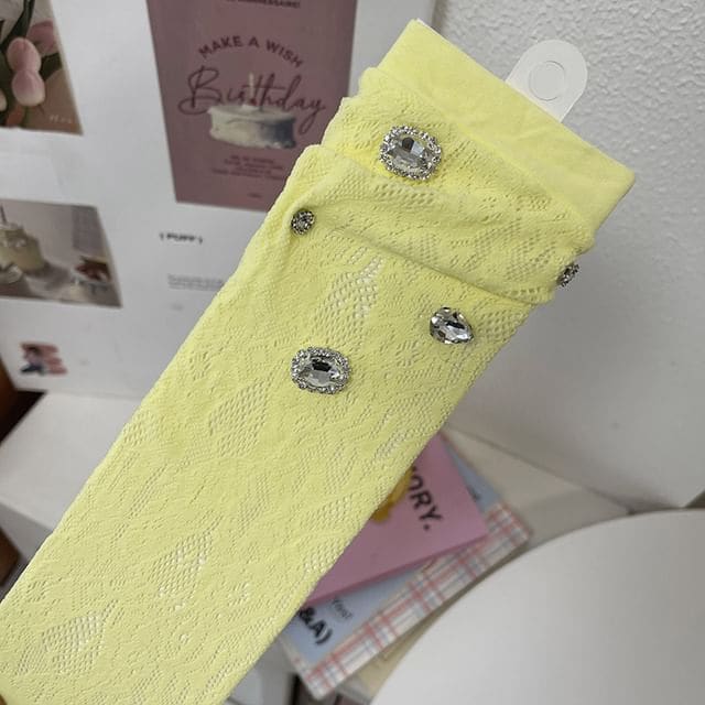 Plain Rhinestone Lace Short Socks - 1 Pair - Lemon Yellow