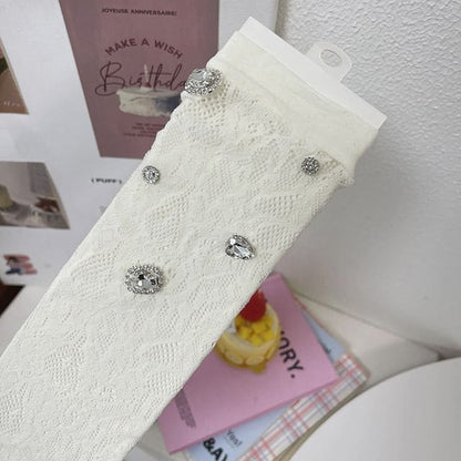 Plain Rhinestone Lace Short Socks - 1 Pair - Milky White