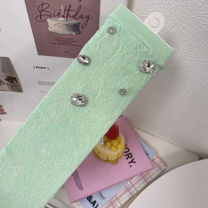 Plain Rhinestone Lace Short Socks - 1 Pair - Mint Green