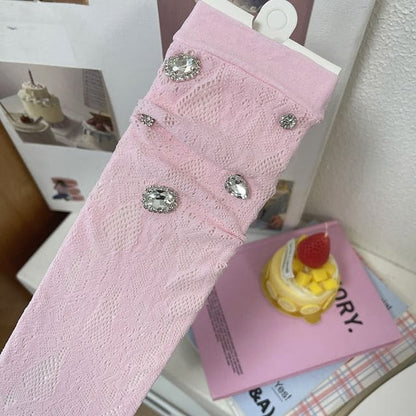 Plain Rhinestone Lace Short Socks - 1 Pair - Pink / One Size