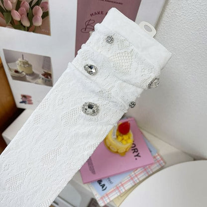 Plain Rhinestone Lace Short Socks - 1 Pair - White