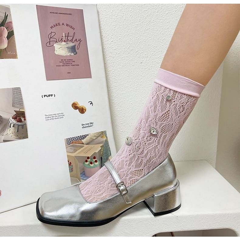 Plain Rhinestone Lace Short Socks