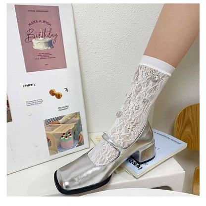 Plain Rhinestone Lace Short Socks