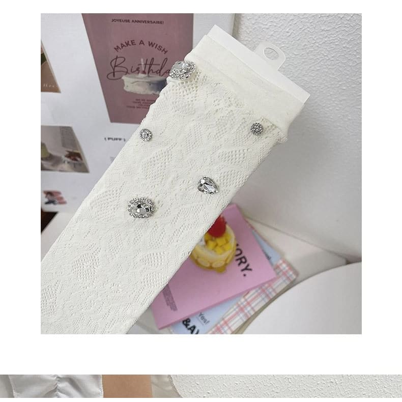 Plain Rhinestone Lace Short Socks