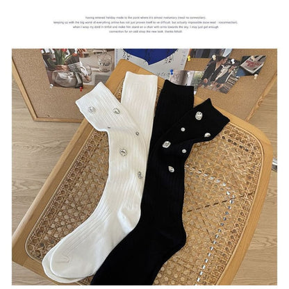 Plain Rhinestone Ribbed Socks