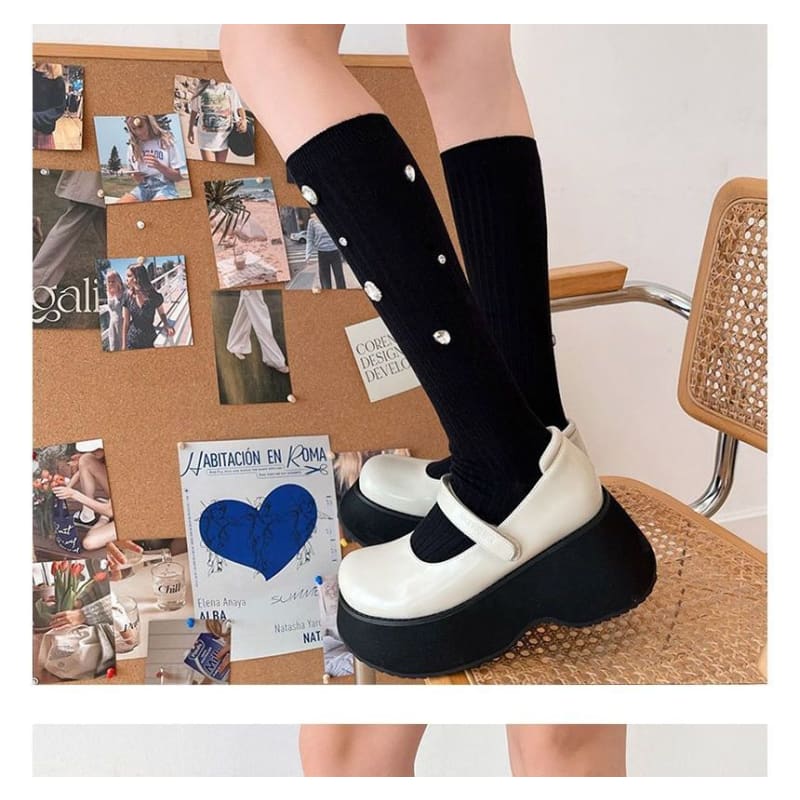 Plain Rhinestone Ribbed Socks