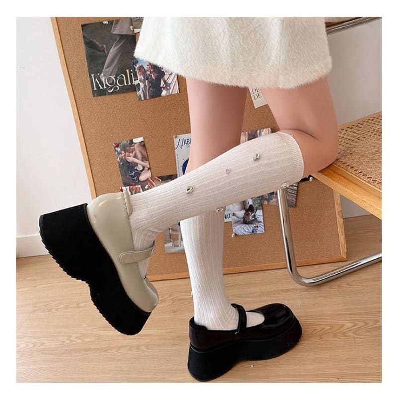 Plain Rhinestone Ribbed Socks