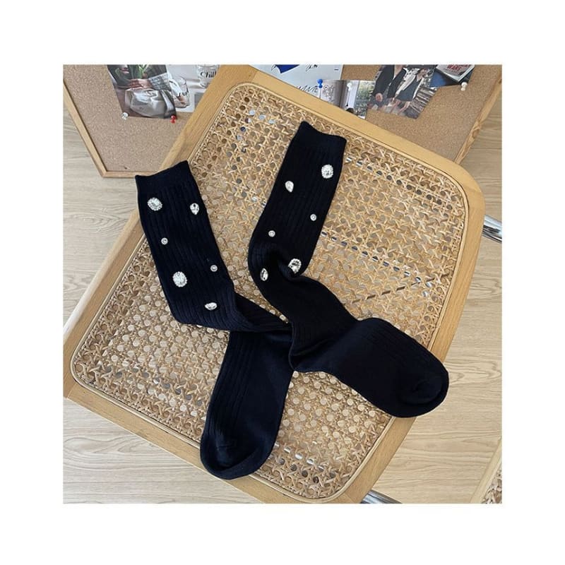 Plain Rhinestone Ribbed Socks