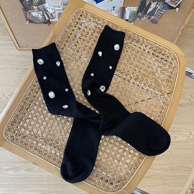 Plain Rhinestone Ribbed Socks - Black / One Size