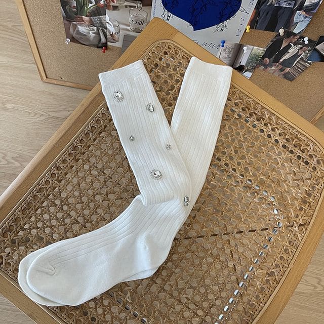 Plain Rhinestone Ribbed Socks - White / One Size