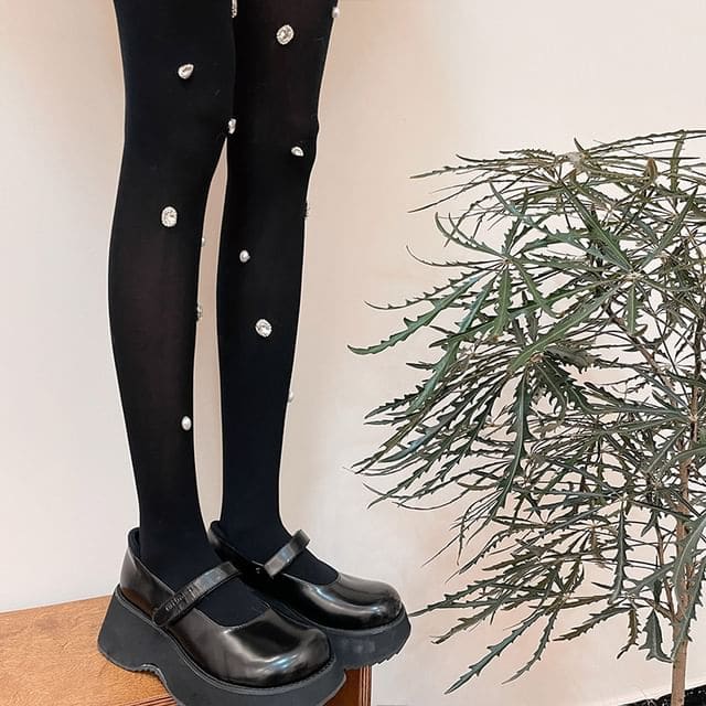 Plain Rhinestone Tights - Black / One Size