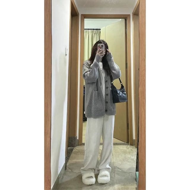 Plain Ribbed Cardigan / High Waist Wide Leg Pants - Pants