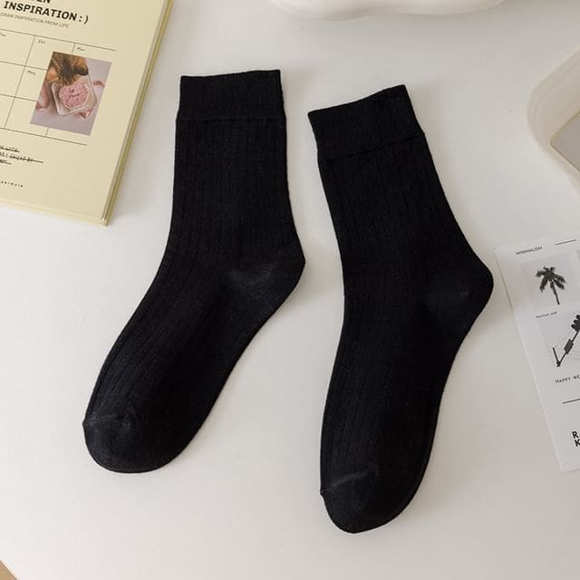 Plain Ribbed Crew Socks - Black / One Size