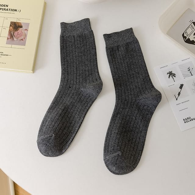 Plain Ribbed Crew Socks - Dark Gray / One Size