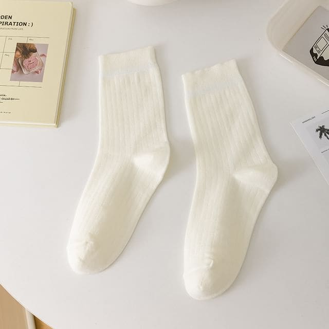 Plain Ribbed Crew Socks - Off-White / One Size