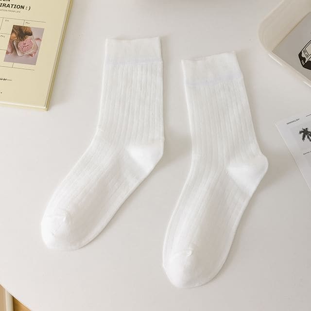 Plain Ribbed Crew Socks - White / One Size