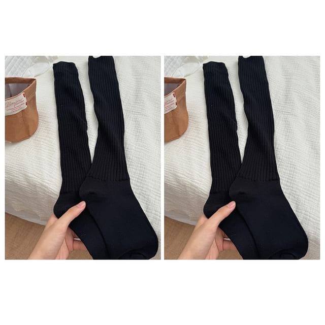 Plain Ribbed Knee High Socks Set - Set of 2 Pairs - Black