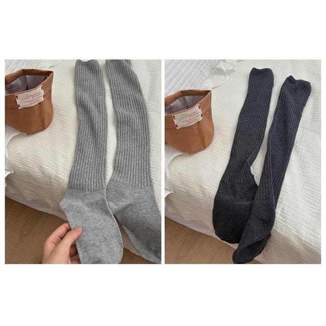 Plain Ribbed Knee High Socks Set - Set of 2 Pairs - Light