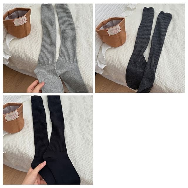 Plain Ribbed Knee High Socks Set - Set of 3 - Light Gray &