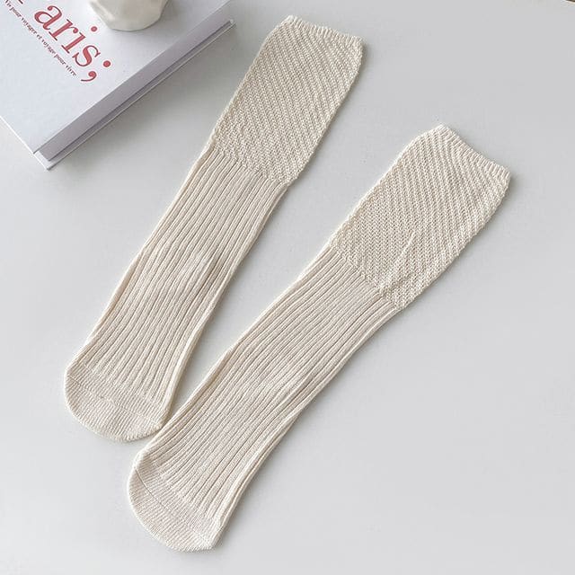 Plain Ribbed Knit Socks - 1 Pair - Off-White / One Size