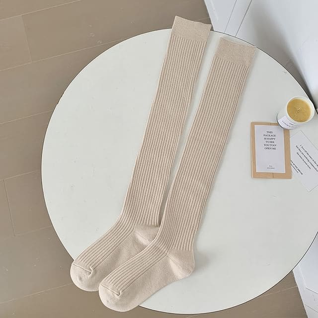 Plain Ribbed Over The Knee Socks / Set - 1 Pair - Oatmeal