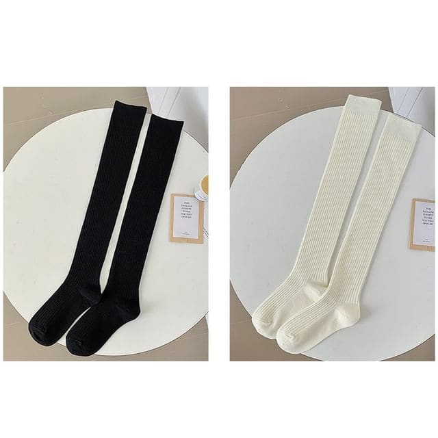 Plain Ribbed Over The Knee Socks / Set - Set of 2 Pairs