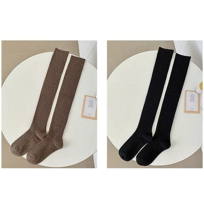 Plain Ribbed Over The Knee Socks / Set - Set of 2 Pairs