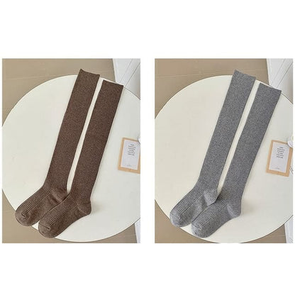 Plain Ribbed Over The Knee Socks / Set - Set of 2 Pairs