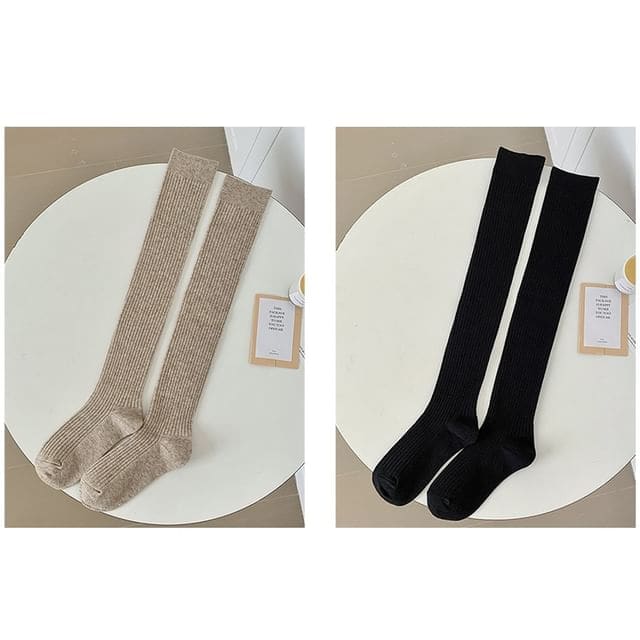 Plain Ribbed Over The Knee Socks / Set - Set of 2 Pairs