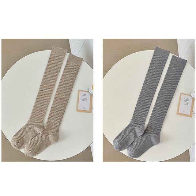 Plain Ribbed Over The Knee Socks / Set - Set of 2 Pairs