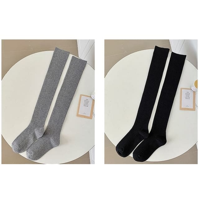 Plain Ribbed Over The Knee Socks / Set - Set of 2 Pairs