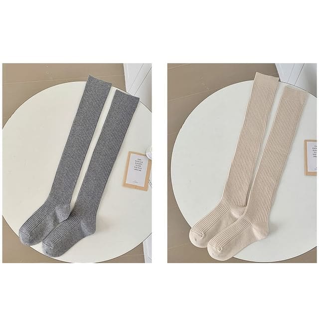 Plain Ribbed Over The Knee Socks / Set - Set of 2 Pairs