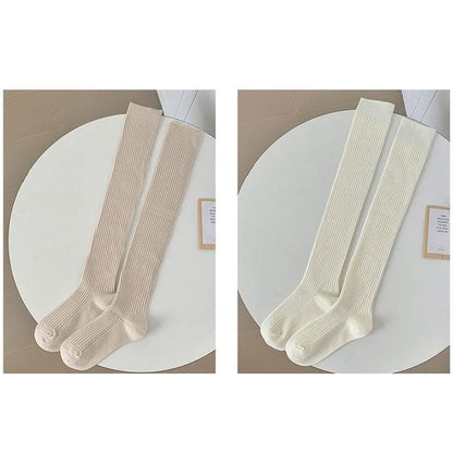 Plain Ribbed Over The Knee Socks / Set - Set of 2 Pairs