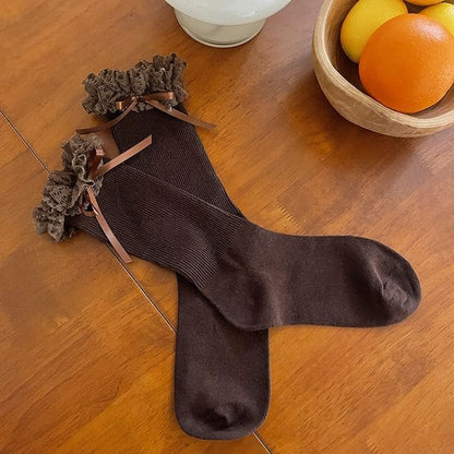 Plain Ribbed Ruffled Socks - Brown / One Size