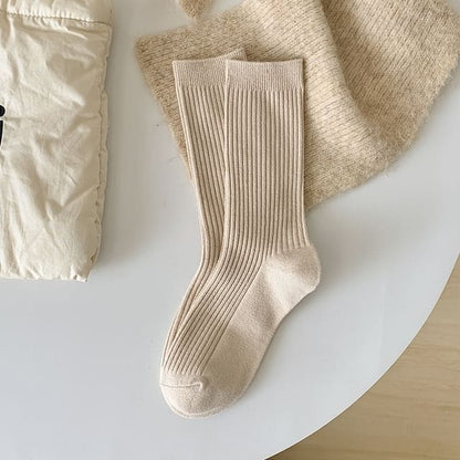 Plain Ribbed Short Socks Set - 2 Pairs - Khaki / One Size